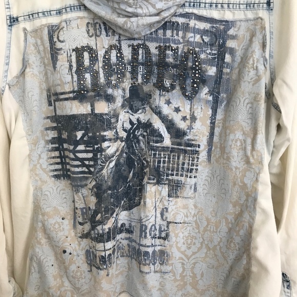 Upcycled Maurices Rodeo Boho Dip-Dye Grunge Knit Hoodie Denim Shirt Size 2 - Picture 4 of 8